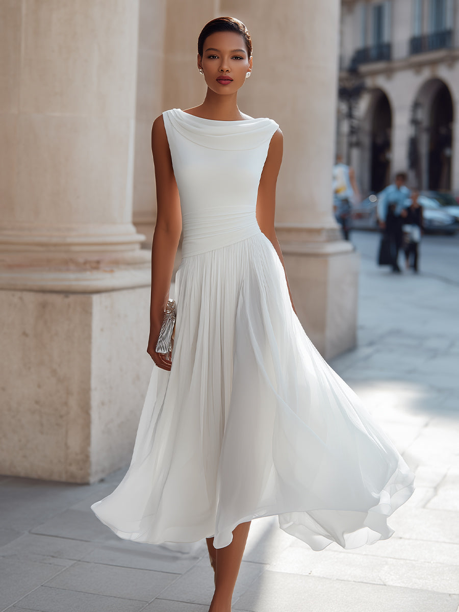 Women's Draped Neck Pleated Midi Dress