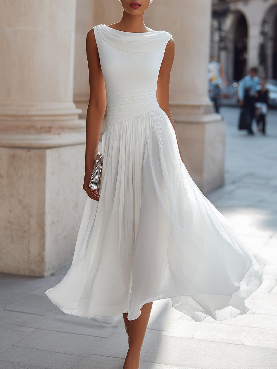 Draped Neck Pleated Midi Dress