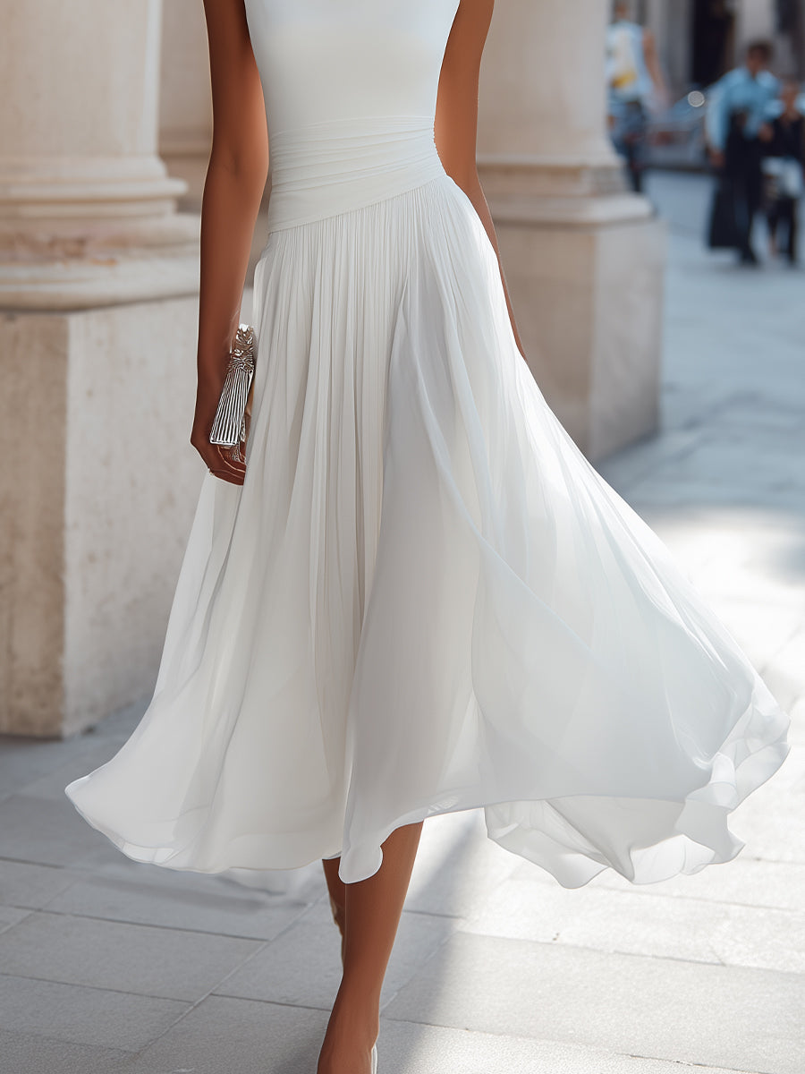 Women's Draped Neck Pleated Midi Dress