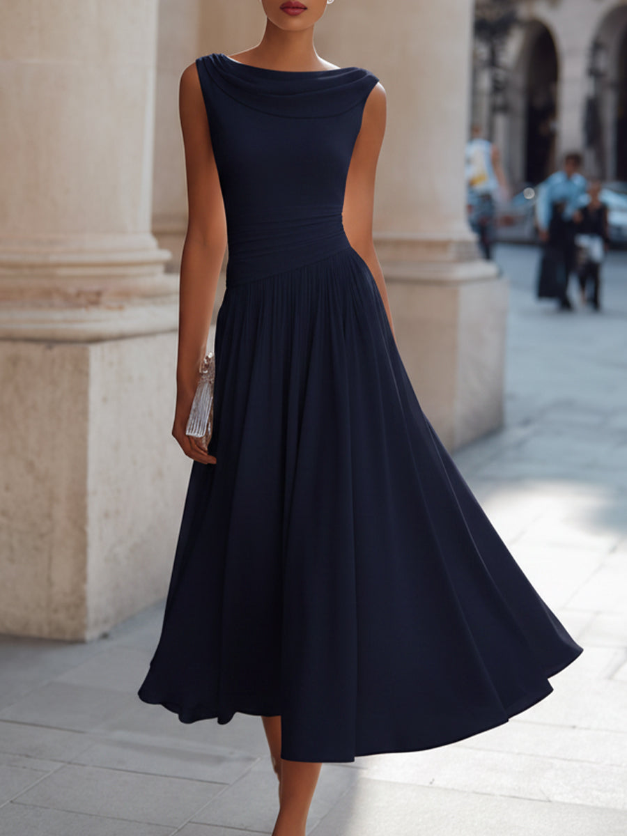 Draped Neck Pleated Midi Dress