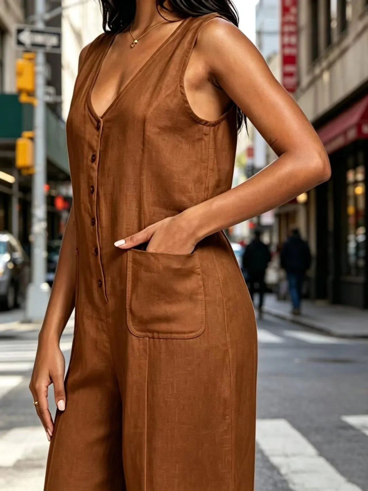 Women's Linen Blend Wide-Leg Jumpsuit