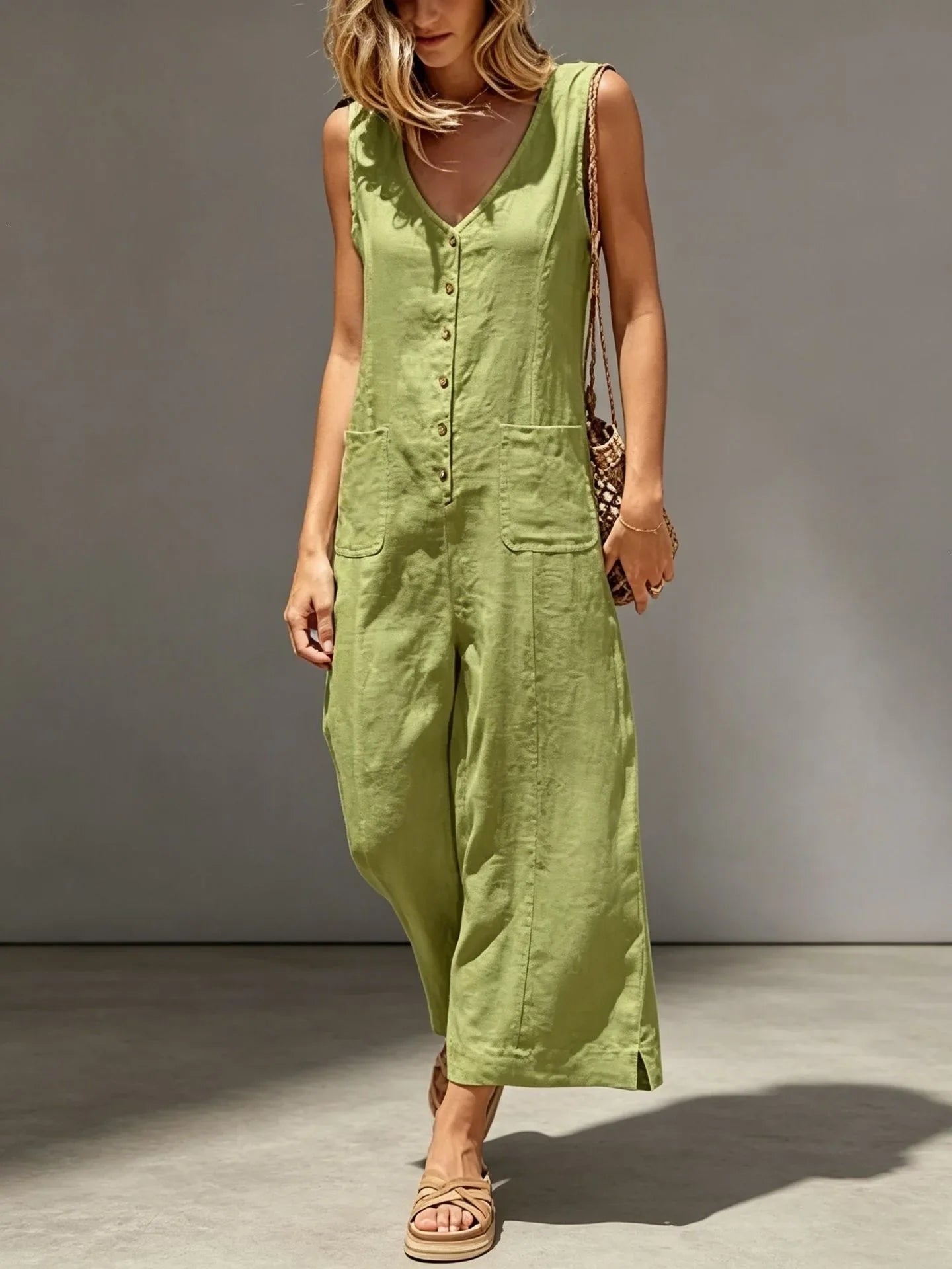 Women's Linen Blend Wide-Leg Jumpsuit