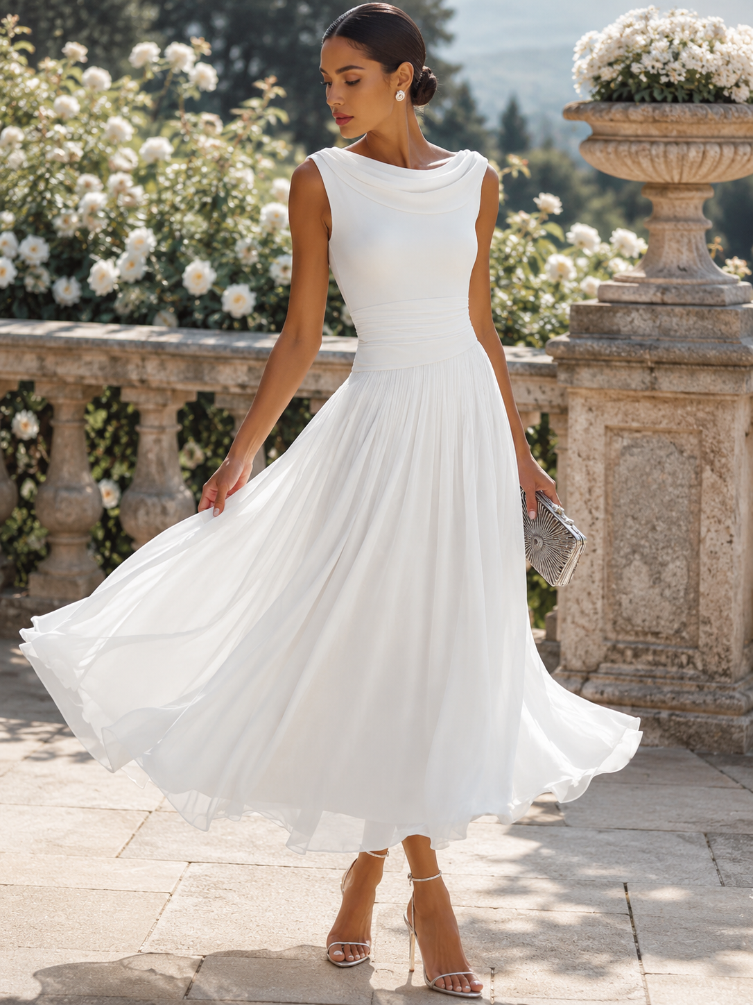 Draped Neck Pleated Midi Dress