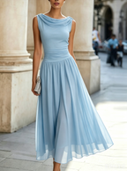 Women's Draped Neck Pleated Midi Dress