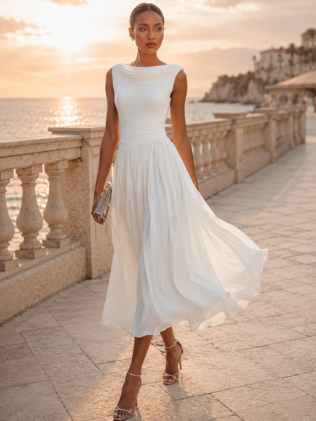 Draped Neck Pleated Midi Dress