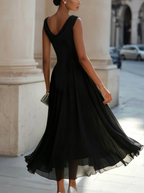 Draped Neck Pleated Midi Dress